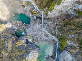 Canvas Print - An aerial view of natural rocky scenery around the Stuibenfall Waterfall in Tyrol, Austria