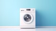 Washing machine in room near color wall. Space for design banner, ads, covers, and invitation. Generative AI