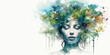 © fadzeyeva - Eco style life. Forest and nature are resources and assistance for mental health support. Watercolor illustration of young woman with green plants on white background. Banner, free space