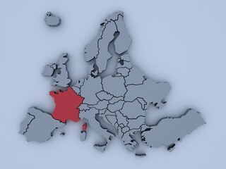 Canvas Print - 3D render of a textured gray block Europe map with France in Red