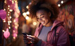 © MOUNSSIF - Black woman with 5g smartphone for social media typing, digital chat app or check location. Teenager gen z girl on cellphone for youth online website networking and smiling