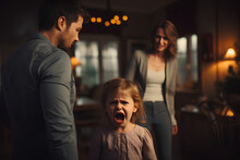 Angry Screaming Child With Desperate Parents.Stressed Exhausted Mother And Father Feeling Desperate About Screaming Stubborn Kid Tantrum, Upset Annoyed Parents Tired Of Naughty Difficult