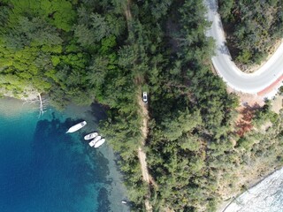 Sticker - Top view of the boats on the sandy beach in D-Maris Bay Hotel nearby Bencik Bay, Turkey