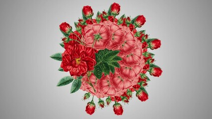 Sticker - Illustrative animation or red flowers spinning in spiral on the empty background