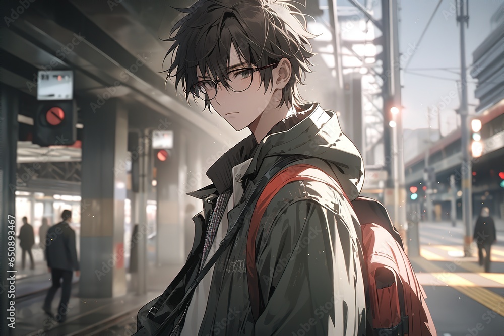 anime a kid with a black hair in a backpack illustration in anime style a young guy with black hair wearing glasses  stands at the train station Stock Illustration