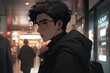 illustration in anime style a young guy with black hair wearing glasses stands at the station in the evening