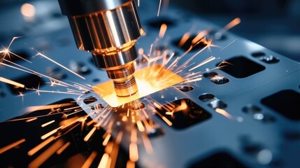 Fototapete - Laser CNC cut of metal with light spark.