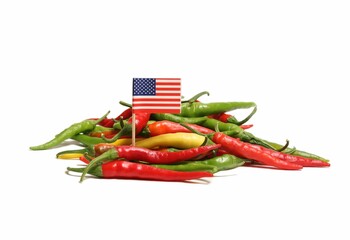 Canvas Print - Mixed Color Fresh Cayenne Peppers With Flag of Unites States Isolated on White Background