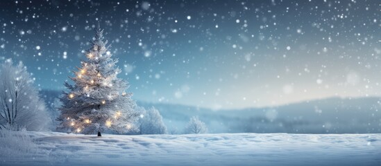 abstract winter background featuring a blurred christmas tree in a snowy landscape with a snowflake 