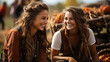 Two teenage girls enjoying a fall gathering on the farm with friends - generative AI.