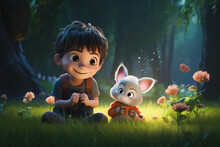 Generative AI Image Of Cartoon Happy Little Boy And Adorable Hare Sitting On Grassy Terrain In Forest Near Flowers Together
