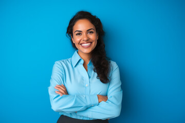 Portrait of a proud smiling Hispanic businesswoman standing in front of a blue wall. Concept of business, career, lifestyle, and diversity