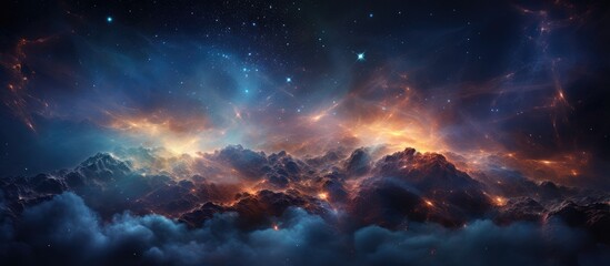 Colorful extraterrestrial galaxy nebulae and stars illuminate the mysterious night sky creating a mesmerizing backdrop for sci fi and space exploration