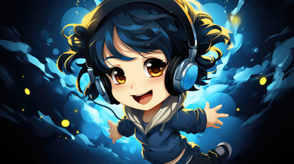 Wall Mural - Anime girl with headphones on, with a blue background, AI