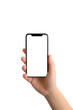 © Yuliia - smartphone in hand on a transparent background with a transparent screen, mockup of a smartphone in hand on a white background, blank screen of a smartphone on a clean background