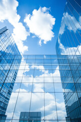 Wall Mural - Reflective skyscrapers, business office buildings. Low angle photography of glass curtain wall details of high-rise buildings.The window glass reflects the blue sky and white clouds. High quality