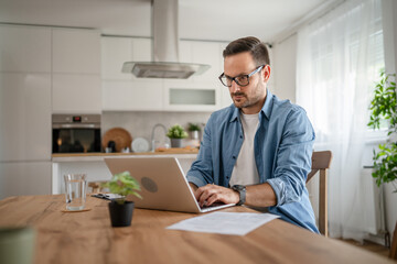 Wall Mural - one man adult caucasian work on laptop at home happy smile