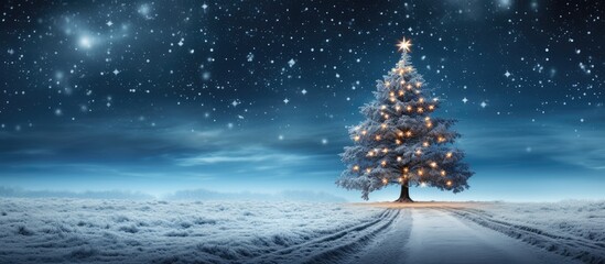 Poster - Lit Christmas tree in snowy night with blank area