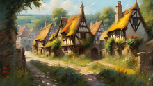 Impressionist Style Painting Of A Traditional Rural Village With Ancient Timber Framed Thatched Houses With Summer Wildflowers