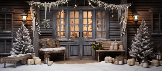 Wall Mural - Winter country house decorated inside and outside with rustic Christmas decor Christmas eve ambiance