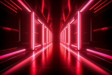 Generative AI Illustration Of Abstract Background Of Endless Futuristic Tunnel With Geometric Design In Perspective View With Red Neon Light