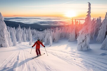 Skier skiing downhill in high mountains at sunny day. Winter sport. Winter sports activities. Skiing
