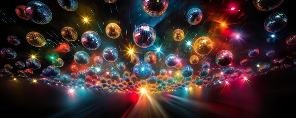 Wall Mural - Disco ball scatters colorful light in a dark room | Generative AI