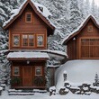 Weihnachtswunderland, kleine malerische Häuser aus Holz in einem verschneiten Ort