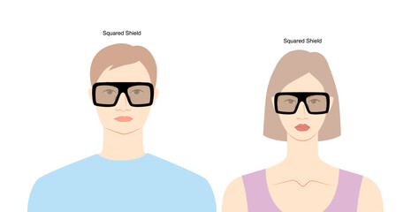 Canvas Print - Squared Shield frame glasses on women and men flat character fashion accessory illustration. Sunglass front view unisex silhouette style, rim eyeglasses, lens sketch style outline isolated on white