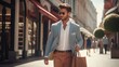 © SayLi - a handsome model man walking with shopping bags buying clothes in stores on a italian street. fashionable guy. taken from front. full height. perfect for a advertisement. Generative AI