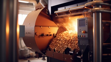 a detailed image of a biomass boiler, capturing the feeding mechanism that supplies waste biomass to