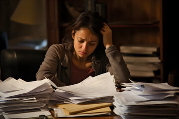 Stressed young woman reviewing her bills, reflecting financial strain during a recession. A poignant representation of personal debt and economic downturn