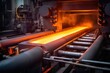 Closeup shot of a steel rolling mill, capturing the mechanical processes of heating, rolling, and cooling steel bars or sheets to specific thicknesses for structural use.