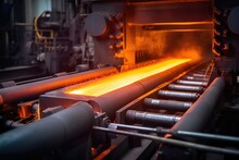 Closeup Shot Of A Steel Rolling Mill, Capturing The Mechanical Processes Of Heating, Rolling, And Cooling Steel Bars Or Sheets To Specific Thicknesses For Structural Use.