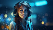 A young girl smiles with headphones, playing music as a DJ at a night party with blue and yellow lights from a disco. Fun and youthful celebration
