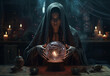 A mysterious medieval witch in a robe facing the camera in her dark consultation room with candles, reading the future in a magical crystal ball with objects around for spells and enchantments