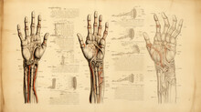 Anatomical Studies Of Different Hands With Muscles, Bones, And Veins, Hand-drawn On An Old Paper From A Codex. Ancient Meticulous Sketches On Biology And Criminology
