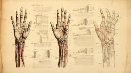 Anatomical studies of different hands with muscles, bones, and veins, hand-drawn on an old paper from a codex. Ancient meticulous sketches on biology and criminology