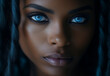 A close-up and detailed face of an exotic black African woman with bright blue eyes, attractive and seductive gaze and plump lips, with wavy black hair and a dark background.