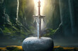 A fabulous legendary sword stuck in a stone. Background with selective focus and copy space