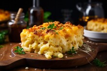 Appetizing Mac And Cheese. Traditional American Cuisine. Popular Authentic Dishes. Background With Selective Focus