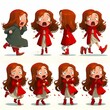 little girl character laugjing yelling crying anxious multiple poses and expressions book illustration style simple cute 10 years old girl full colour red shoes red hooded dress red clothes long 