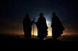 the three wise men silhouettes, three kings walking following a star bringing gifts and presents