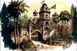 British tropical Aruba fort New Orleans square water ride at disneylandride schematicsconcept arthand drawn theme park style 