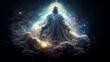 Supreme Spiritual creator god holding the universe, abstract art clouds and galaxy space god, cosmic god