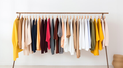 Wall Mural - Clothes on hang rail on white background.