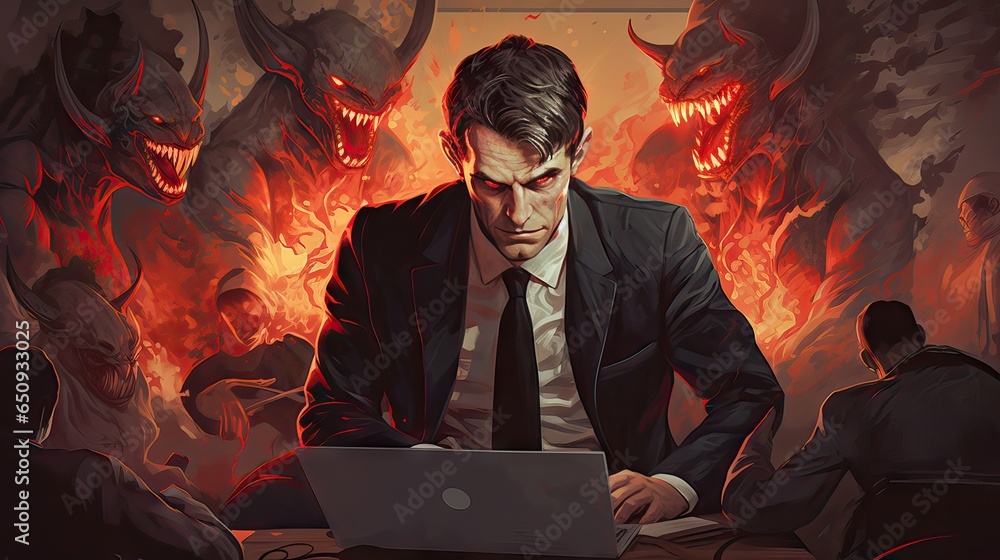 An evocative image portraying a devilish boss in an office setting, emphasizing the challenges and stress often associated with toxic workplace culture. Generative AI.