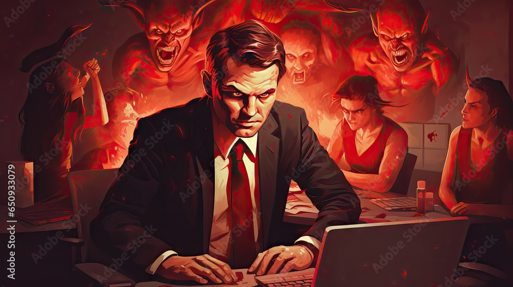 An evocative image portraying a devilish boss in an office setting, emphasizing the challenges and stress often associated with toxic workplace culture. Generative AI.