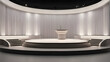 3d rendering of a beautiful round podium in a studio with white curtains 