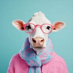Wall Mural - Fashion cow in pink sweater. Trendy bright color